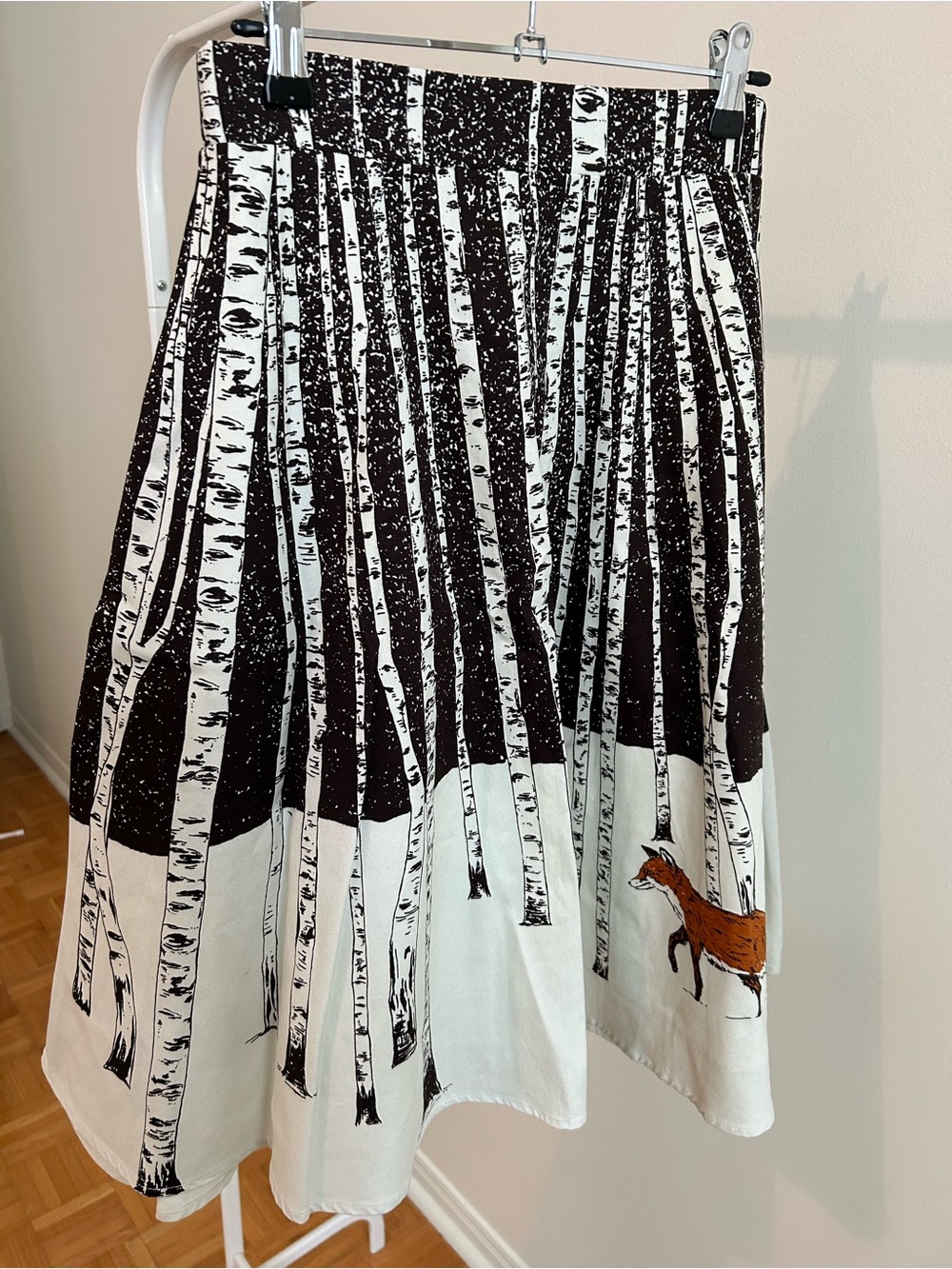 Anthropologie Black and White Birch Print Skirt with Fox Detail